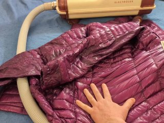 Vacuuming Girlfriend”s Pink Ghost Whisperer Down Jacket with vintage Electrolux