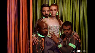 NEON GANGBANG –  Hot Wax and Hard Cocks Bless Petite Kiara”s Shaved Pretty Pussy